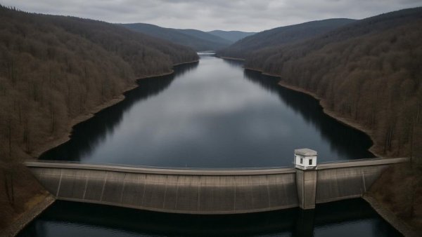 Aerial view of Eckertalsperre dam in Harz for hiking and cycling