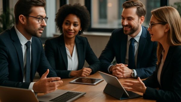 Professionals discussing finance with technology in a modern office.