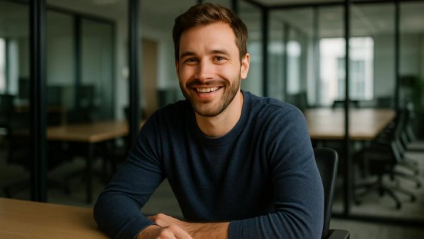 Smiling man in a meeting discussing data sharing in healthcare.