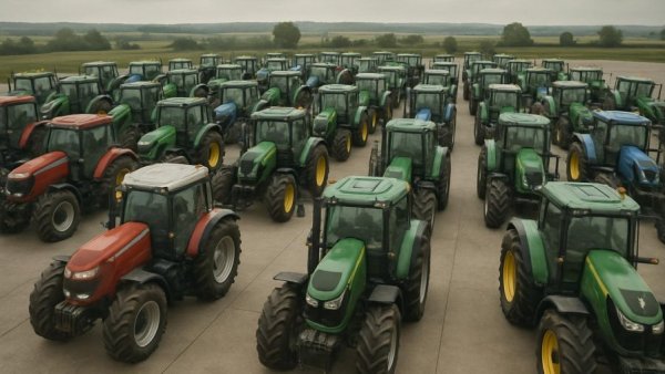 Die Trecker-Retter: Multiple tractors parked, aerial shot, overcast.