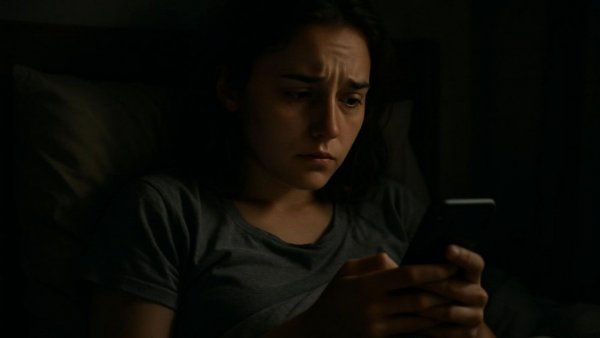 Distressed woman in bed with smartphone showing concern, dimly lit scene.