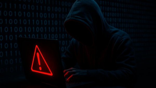 Hacker with laptop showing red alert for gehackte Accounts pro Minute.