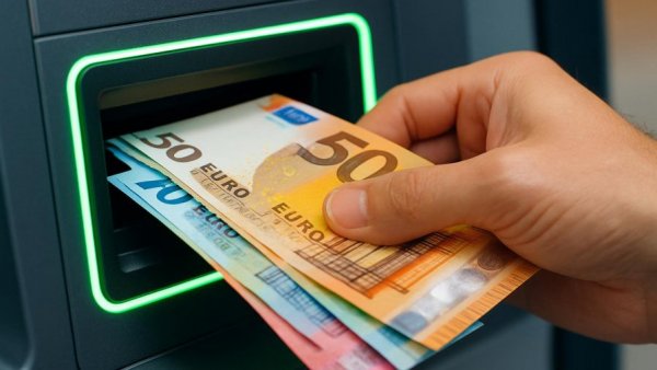 Hand depositing Euro notes into ATM, Kostenlos Bargeld einzahlen als Direktbank-Kunde.