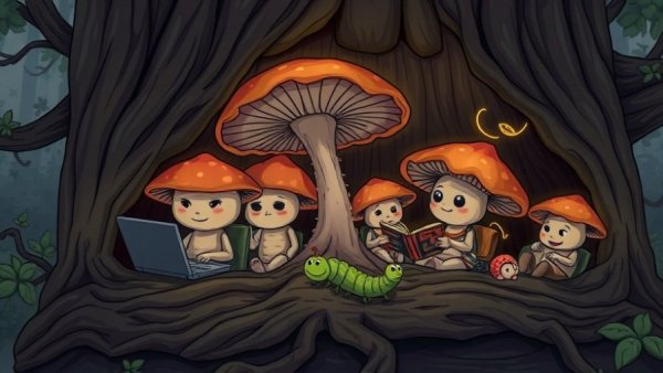 Cartoon mushrooms inside tree trunk exploring Urheberrechtsbestimmungen und DMCA-Richtlinien.