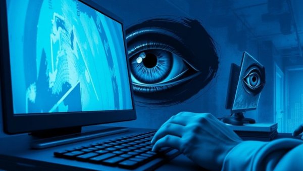 Conceptual illustration of Meta employee monitoring AI with eye and typing hands.