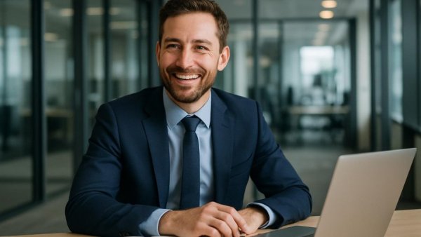 Smiling businessman discussing Mieterselbstauskunft DSGVO in office setting.