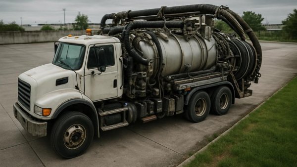 Rohrreiniger in action with large industrial truck, aerial view.