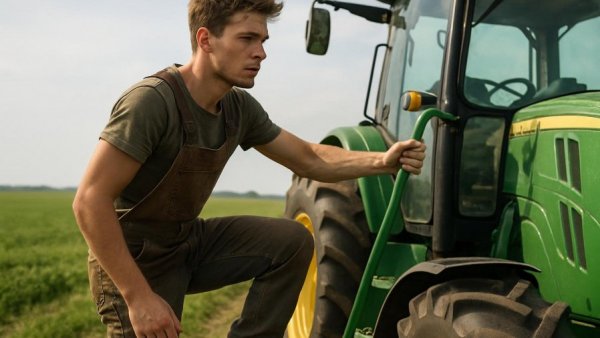Young farmer climbing onto tractor in scenic field, Trecker-Retter.