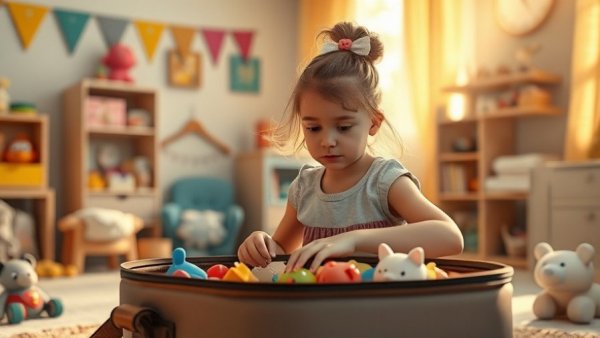 Young girl with Heimweh Klassenfahrt sentiment packing toys in sunlit room.