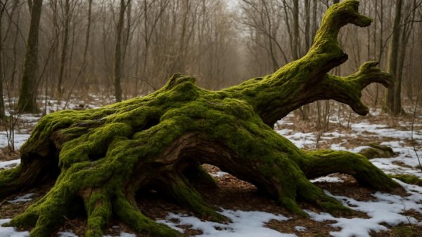 Moss-covered fallen tree in snowy garden, highlighting natural harmony.