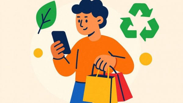 Nachhaltigkeit im Onlineshopping cartoon with eco-icons.