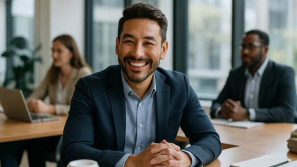 Cheerful man in office discussing Verzeichnis von Verarbeitungstätigkeiten.