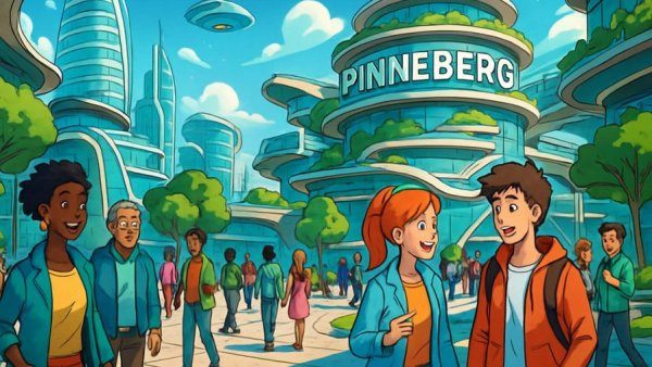 Futuristic Pinneberg 2040 cityscape with people in urban plaza.