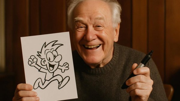 Werner-Erfinder Brösel joyfully displays cartoon drawing.