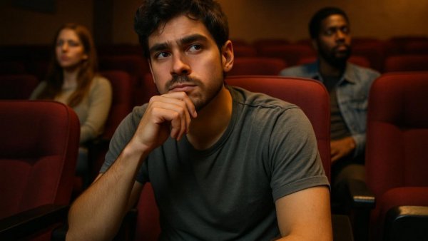 Contemplative young man in cinema, exploring Looksmaxxing Wahrnehmung von Männlichkeit.