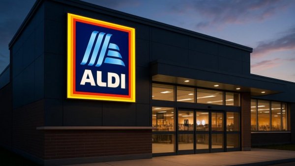 Aldi store logo at dusk, showcasing a welcoming ambiance.