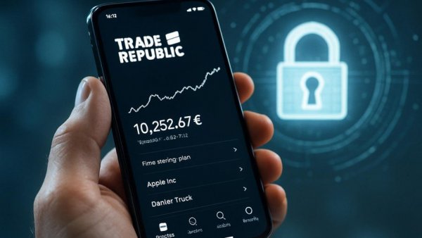 Smartphone showing Trade Republic app interface with security icon.