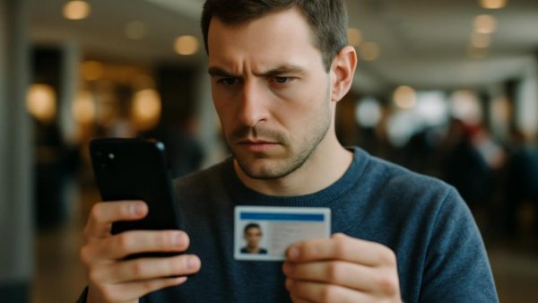 Identity verification with smartphone and ID in modern setting.