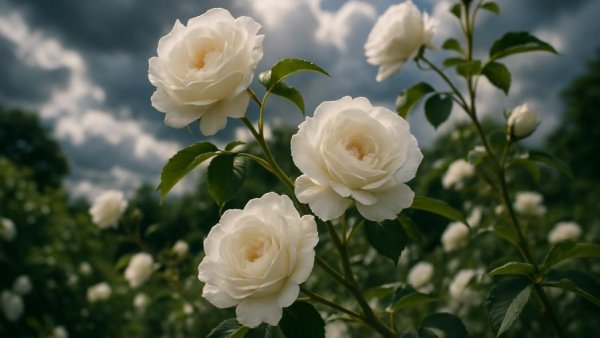 Blooming white climbing roses under a bright cloudy sky