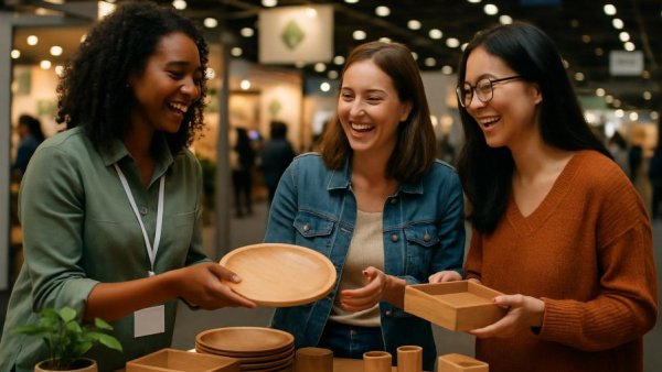 Nordstil Messe attendees admiring eco-friendly products at trade fair.