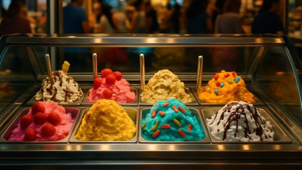 Assorted colorful ice cream display in Ahrensburg parlor.