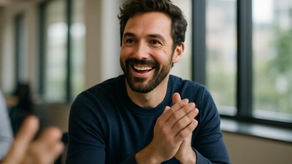 Optimistic man in meeting, no mandatory fingerprint time tracking.