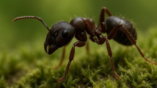 Close-up of an ant on moss, related to invasive Ameisenarten aus dem Pflanzenhandel.