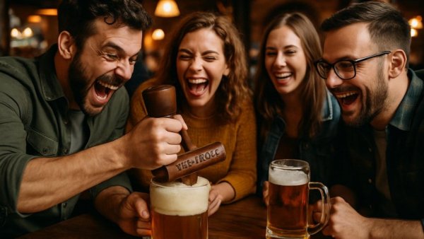 Friends enjoying Bier-Mörser Gadget at a pub.