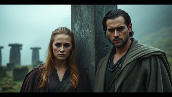 Outlander Staffel 8 Netflix Release characters solemnly against a stone pillar.