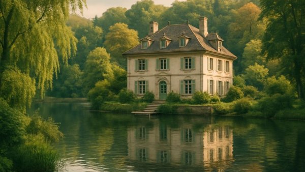 Charming vintage manor by the lake with lush forest background.