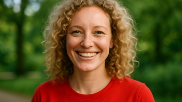 Bettina Tietjen smiling in red shirt outdoors.