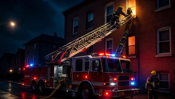Nighttime emergency scene with firefighters and fire truck at Wohnungsbrand in Reinbek.