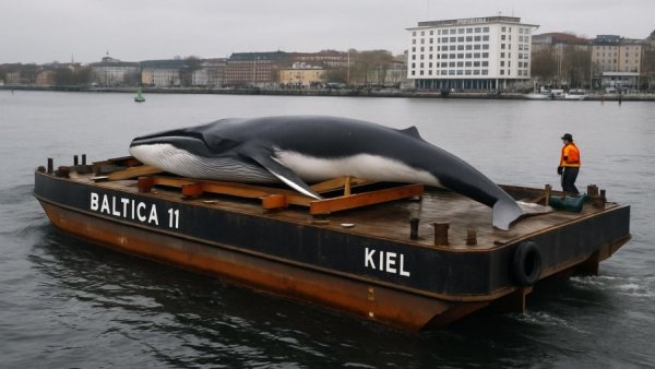 Lastkahn für Transport des Wals in die Nordsee in Kiel angekommen