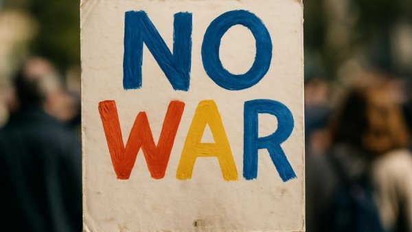 Sign displaying anti-war message at protest, Zahl der Kriegsdienstverweigerer theme.