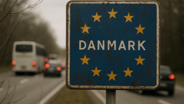 Border sign for Danemark with traffic, Auswanderung nach Dänemark.