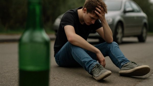 Green bottle on pavement with person, illustrating Alkoholunfälle am Vatertag.