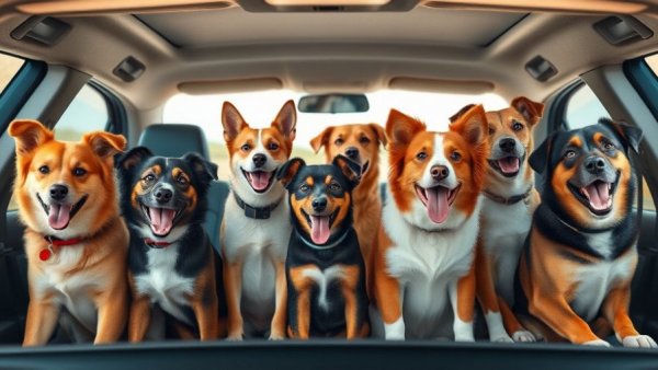 Happy dogs in a car, epitomizing 'Reisen mit Hund und Katze' theme.
