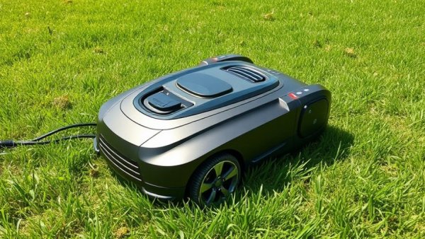 Solar-Ladestation für Mähroboter im Garten neben Rasenmäher.