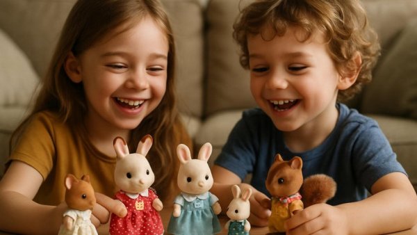Children playing with Sylvanian Families figurines on floor