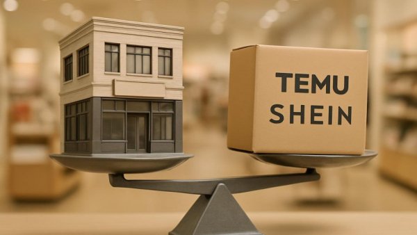 Unfairer Wettbewerb Temu Shein package balanced on scale in store.