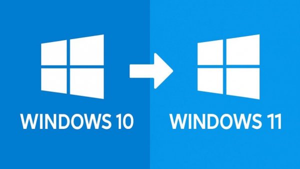 Comparison between Windows 10 and Windows 11 logos with transition arrow.