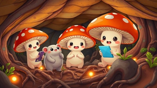 Whimsical mushrooms use tech in a digital web setting.