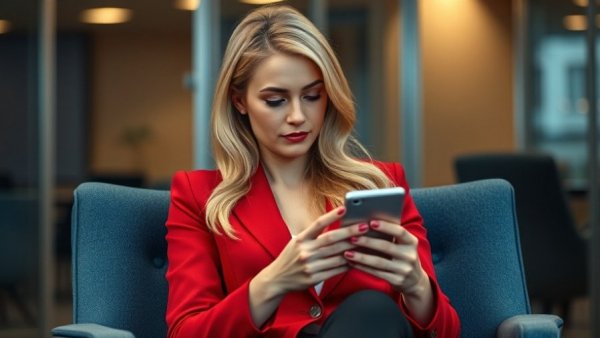 Blonde woman in red blazer using smartphone in an office setting.