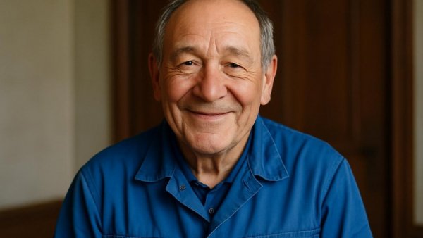 Lkw Fahrer im Alter smiling in a blue uniform indoors.