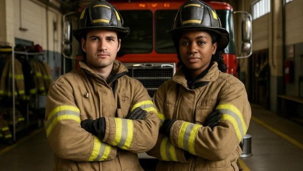 Firefighters in Stormarn posing in the fire station.