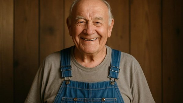 Älterer Lkw-Fahrer im Alter lächelt in blauer Arbeitskleidung.