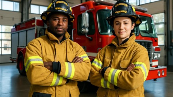 Two firefighters in gear at a station, illustrating changes in firefighting.