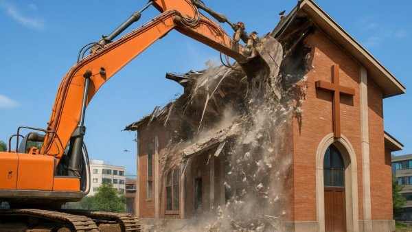 Demolition of St. Marien Church in Reinfeld with excavator in action.