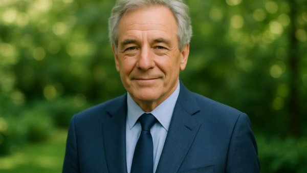 Outdoor portrait of older man in suit with lush green background.