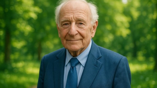 Elderly man in blue suit outdoors on a sunny day.